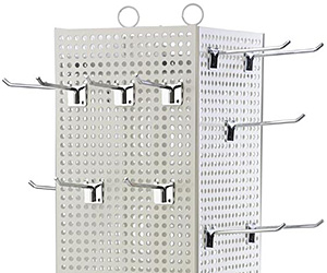 Closeup of a white countertop pegboard spinner with chrome hooks