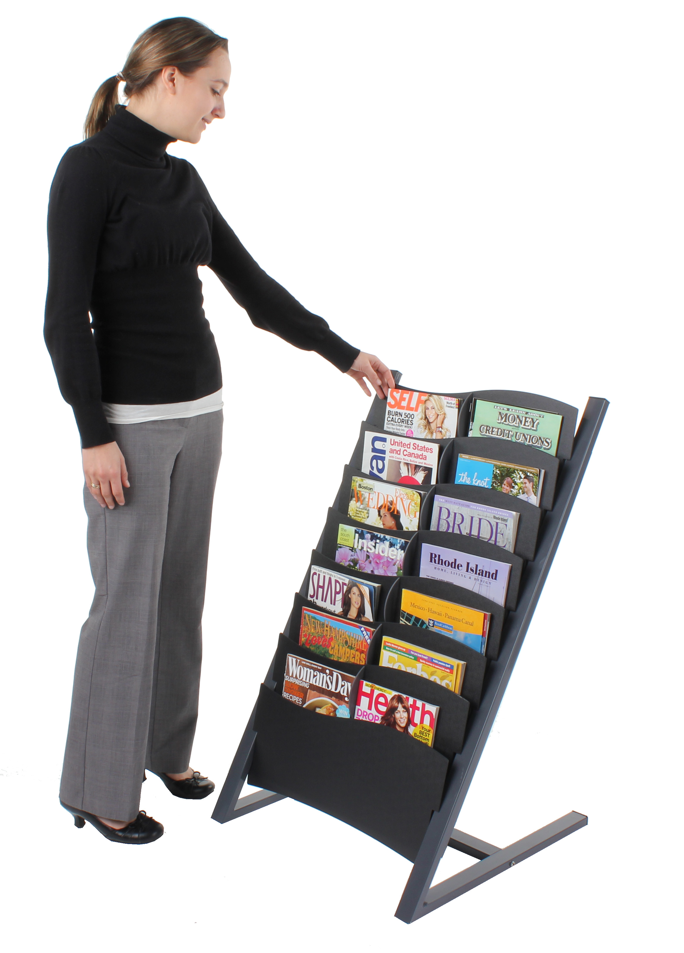 Mmaterial Magazine Rack 7 or 14 Pocket Metal Magazine Rack - Charcoal Finish | Displays2Go