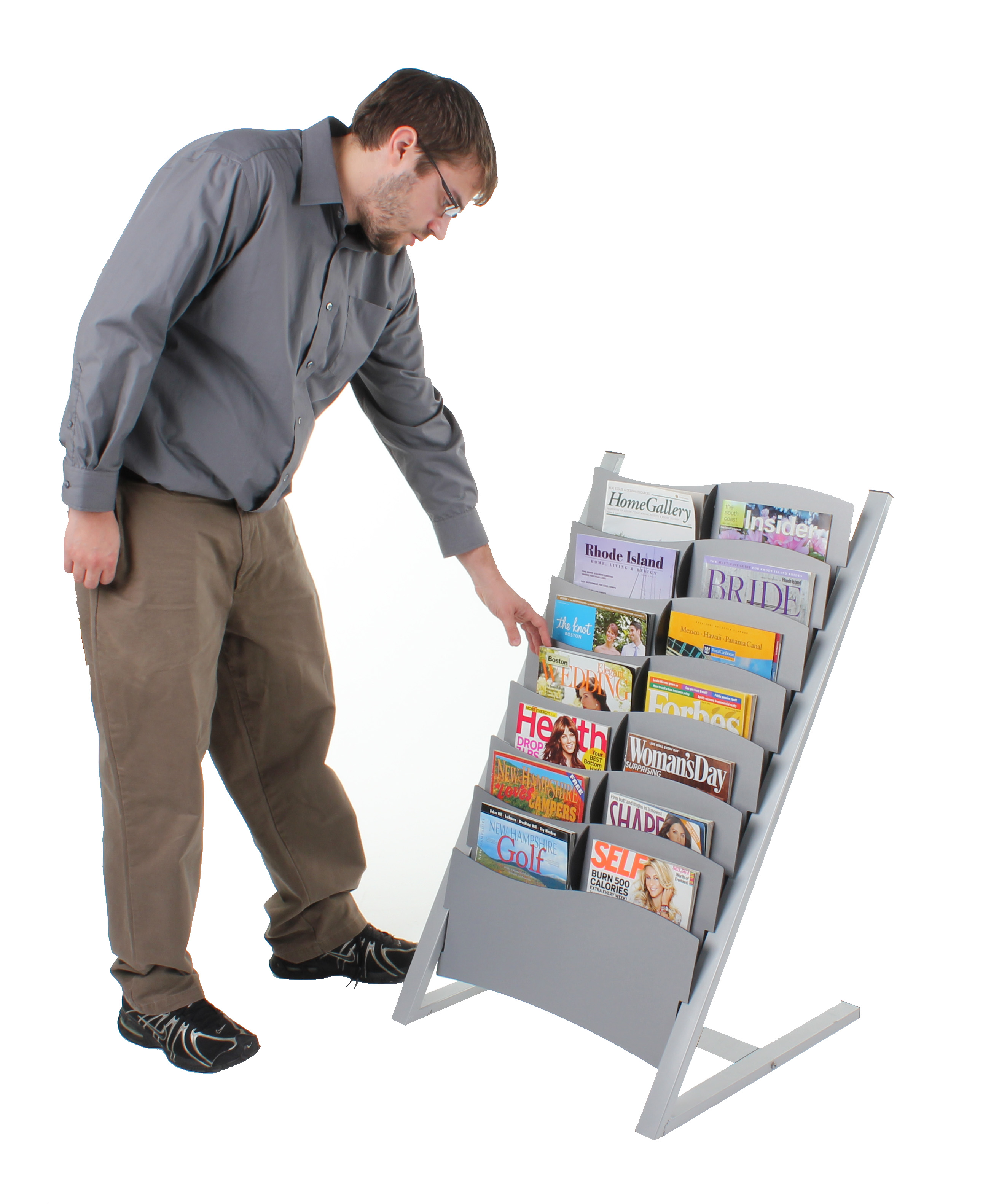 Compact Magazine Rack 7 or 14 Pocket Adjustable Magazine Rack - Silver | Displays2Go