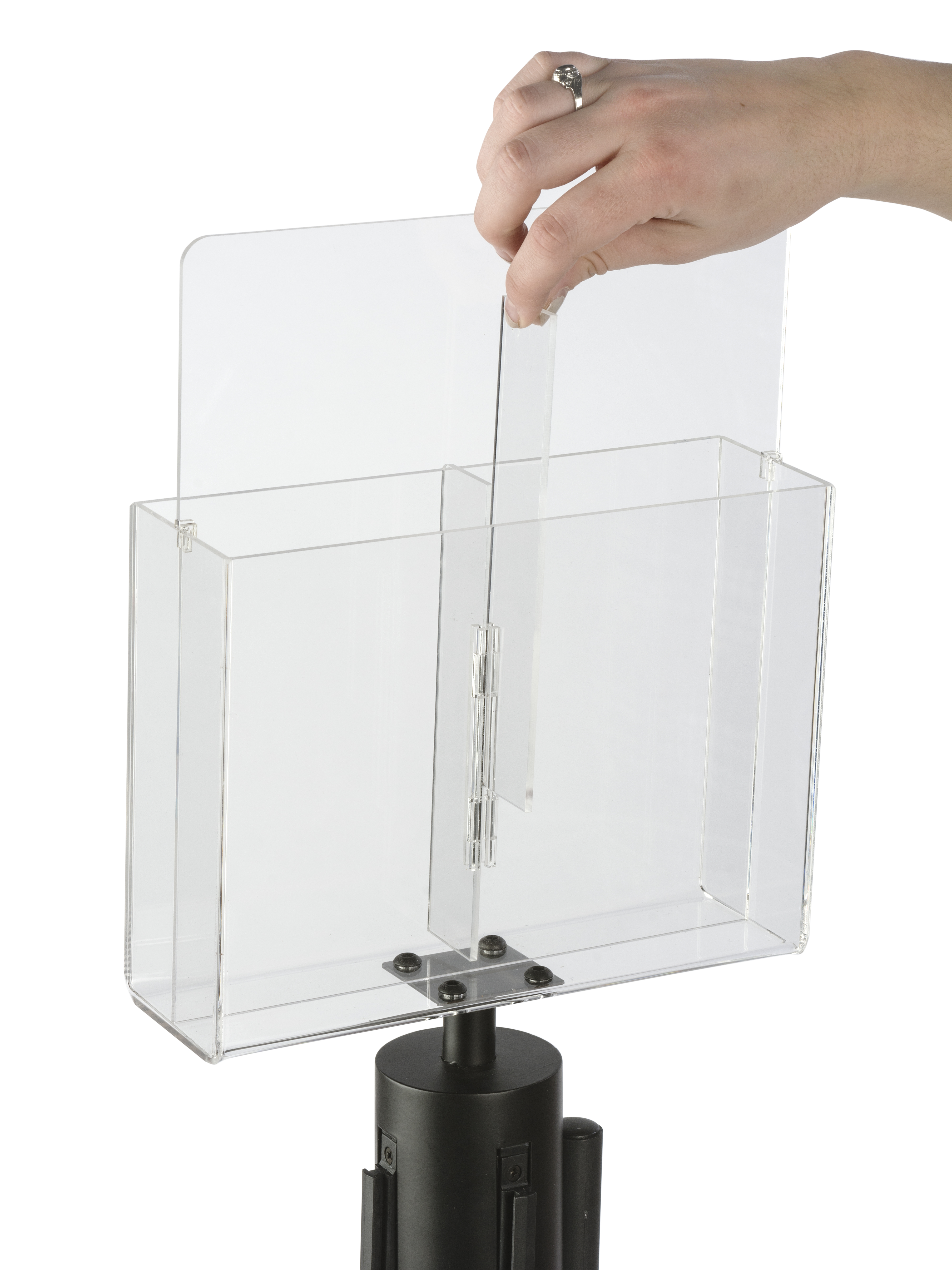 Library Post Hardware Blue Stanchion & Post with Literature Holder | Double-Sided | Displays2Go