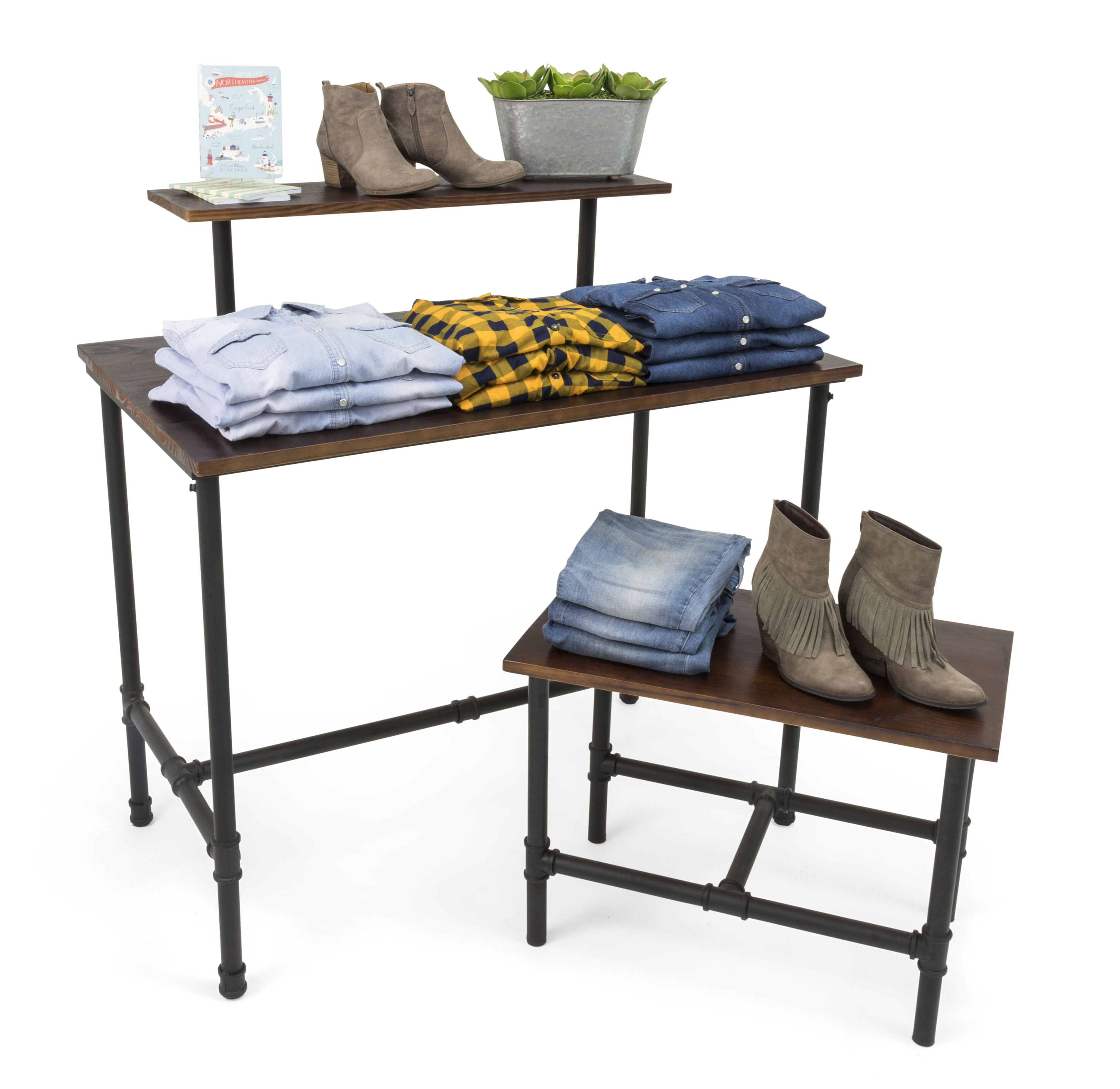 Set of 2 Wooden Pipeline Nesting Tables, Rectangular, Metal Legs – Dark Brown - Image 3