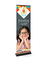 24"W wide base premium retractable banner stand with custom printed graphics