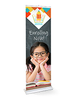 24"x80" retractable banner stand with silver base and printed graphics oblique view