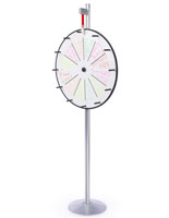 Displays2go Prize Wheel with Write-on White Board for Wet Erase Markers Twelve Slot Design 27 Inch Diameter Silver Aluminum Floor Stand 