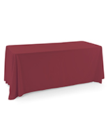 Plum polyester table cover with a sleek draping design