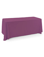 Polyester table cover with purple draping display 