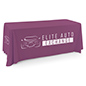 This purple single sided custom table throw features custom white imprinting