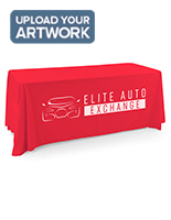 This red single sided custom table throw features a durable heat transferred vinyl