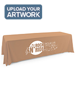 This tan single sided custom table throw features heat transferred white vinyl