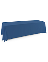 Dark blue polyester table cover fits perfectly on an 8 foot surface