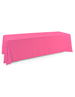 Pink polyester table cover with overlock stitching 