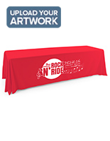 This red single sided custom table throw features 8 ft. polyester material