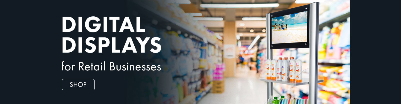 Digital merchandising rack in a grocery store aisle