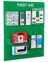 Wall-mounted first aid station with sign holder