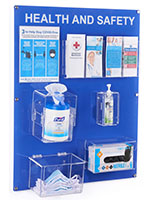 Mounted acrylic health and safety wall board with PPE compartments