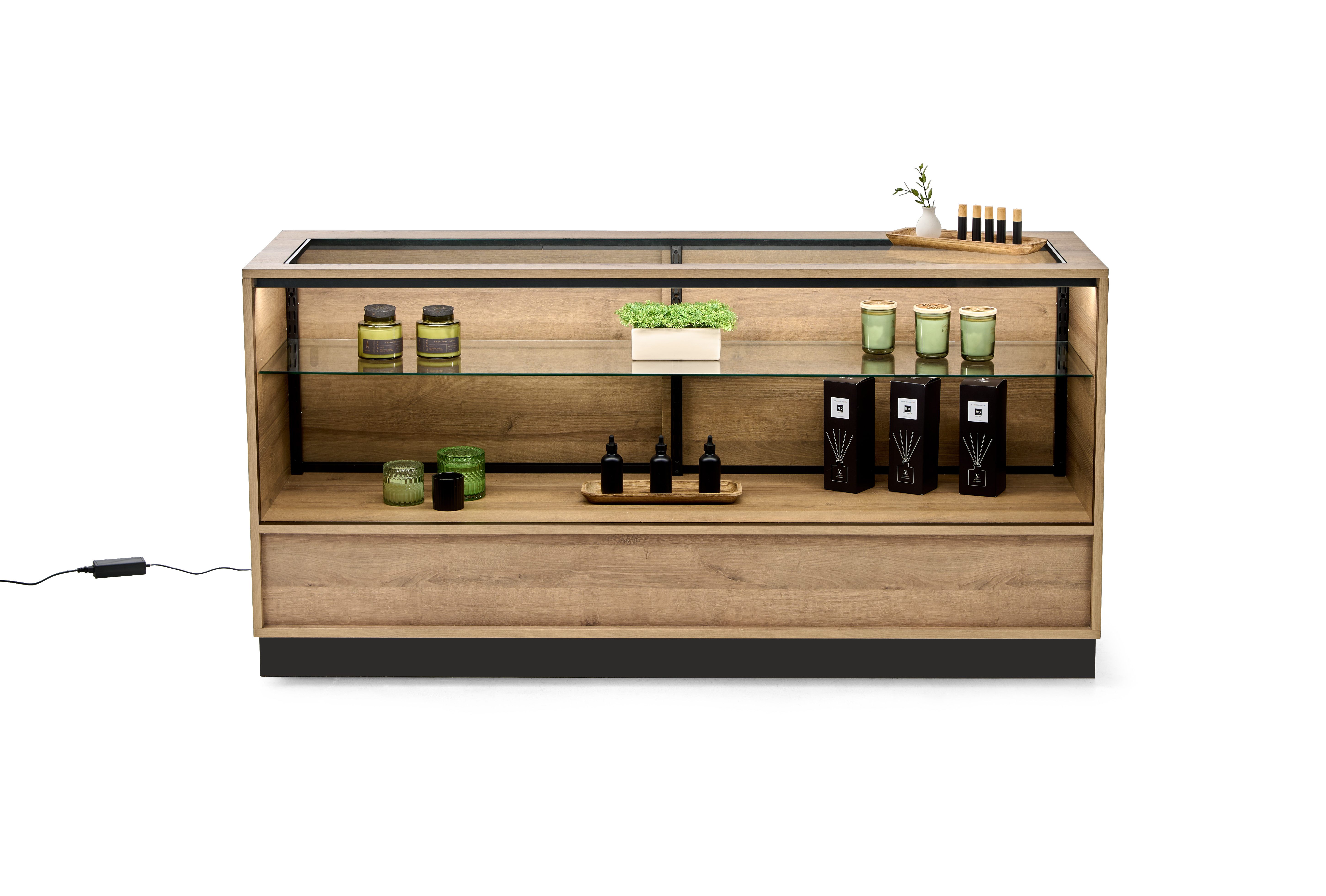 72" Wooden Display Showcase w/Locking Door, Adjustable Shelf and LED Lights - Image 3
