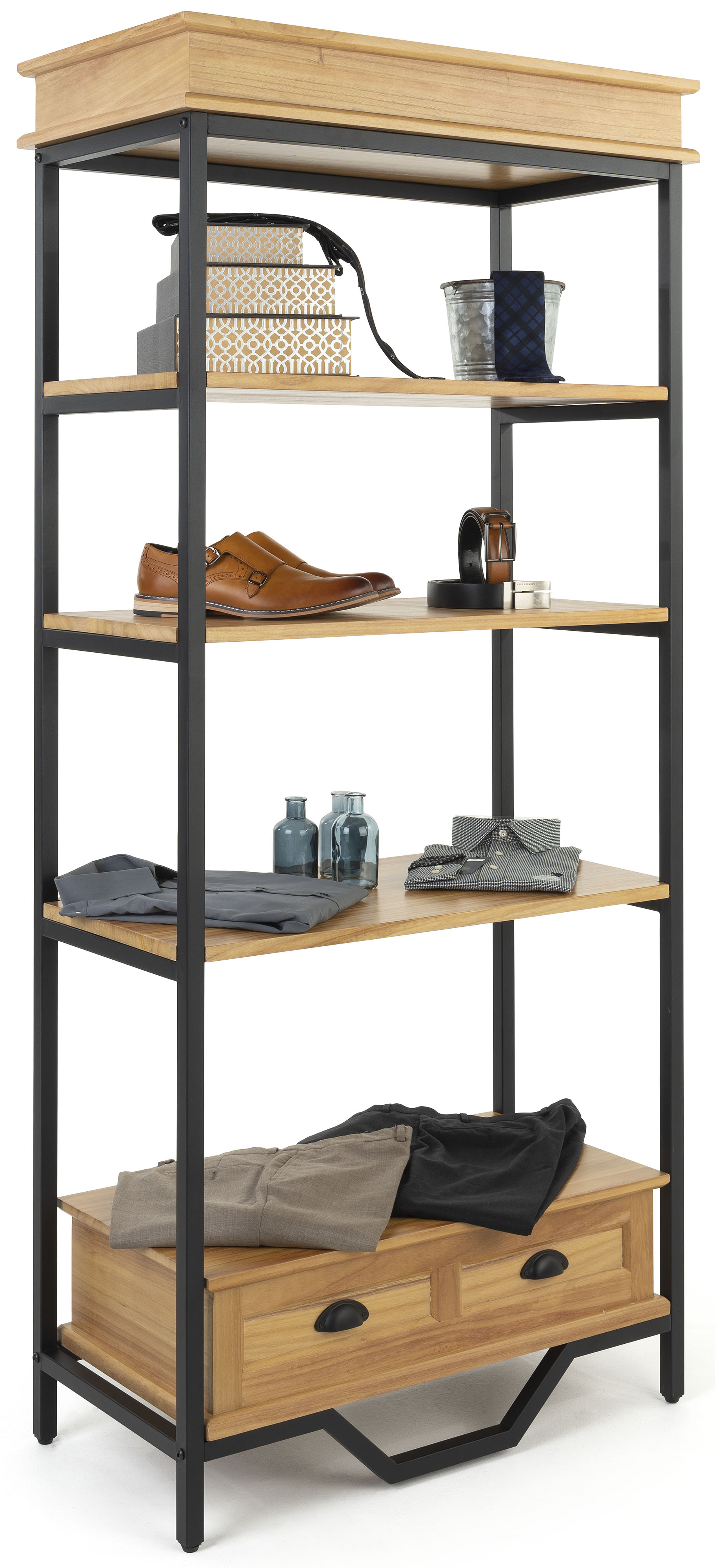 75"h Farmhouse Style Shelving Unit w/4 Shelves & Faux Drawer Accent - Natural Oak - Image 3