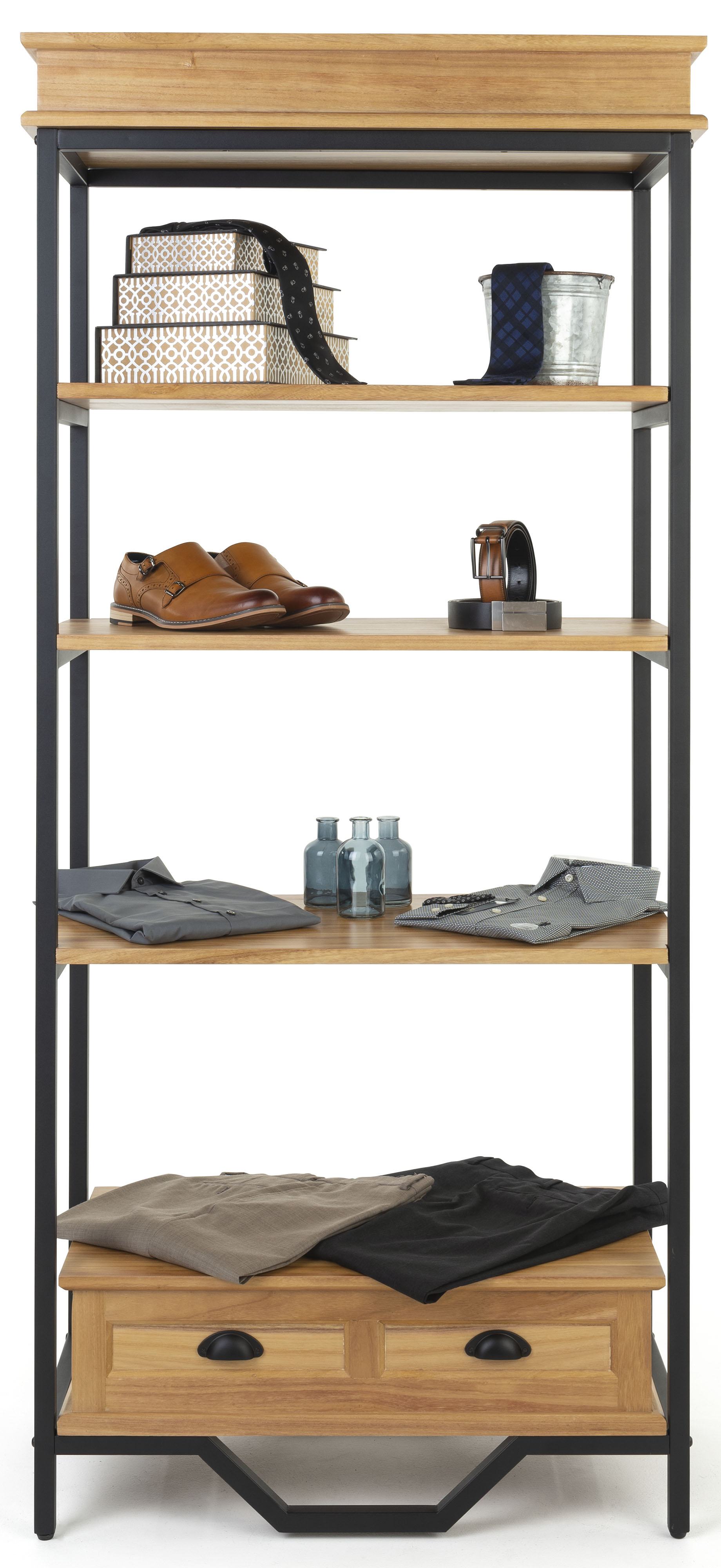 75"h Farmhouse Style Shelving Unit w/4 Shelves & Faux Drawer Accent - Natural Oak - Image 4