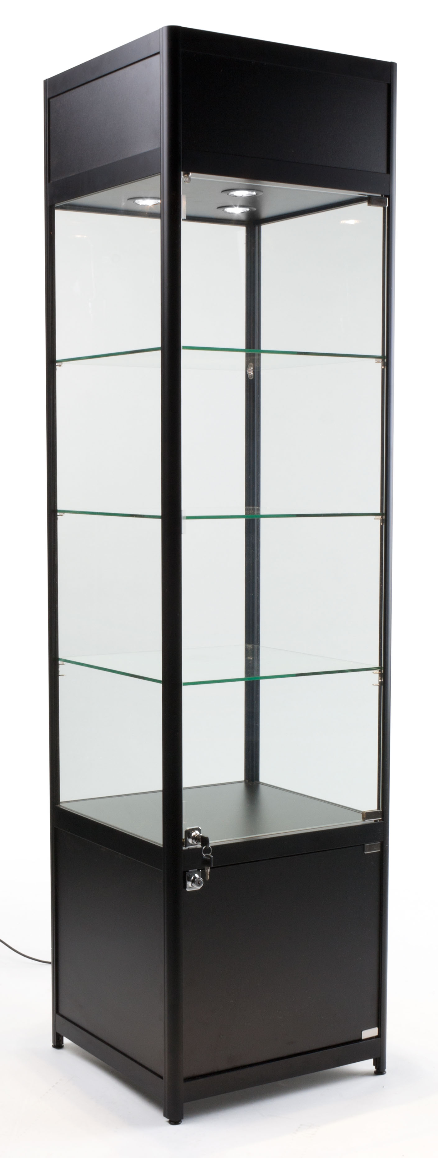 Displays2go Tempered Glass Display Cases with Lighting, Full Vision,  Locking, Painted MDF Base – Silver (GTEC48LEDS)