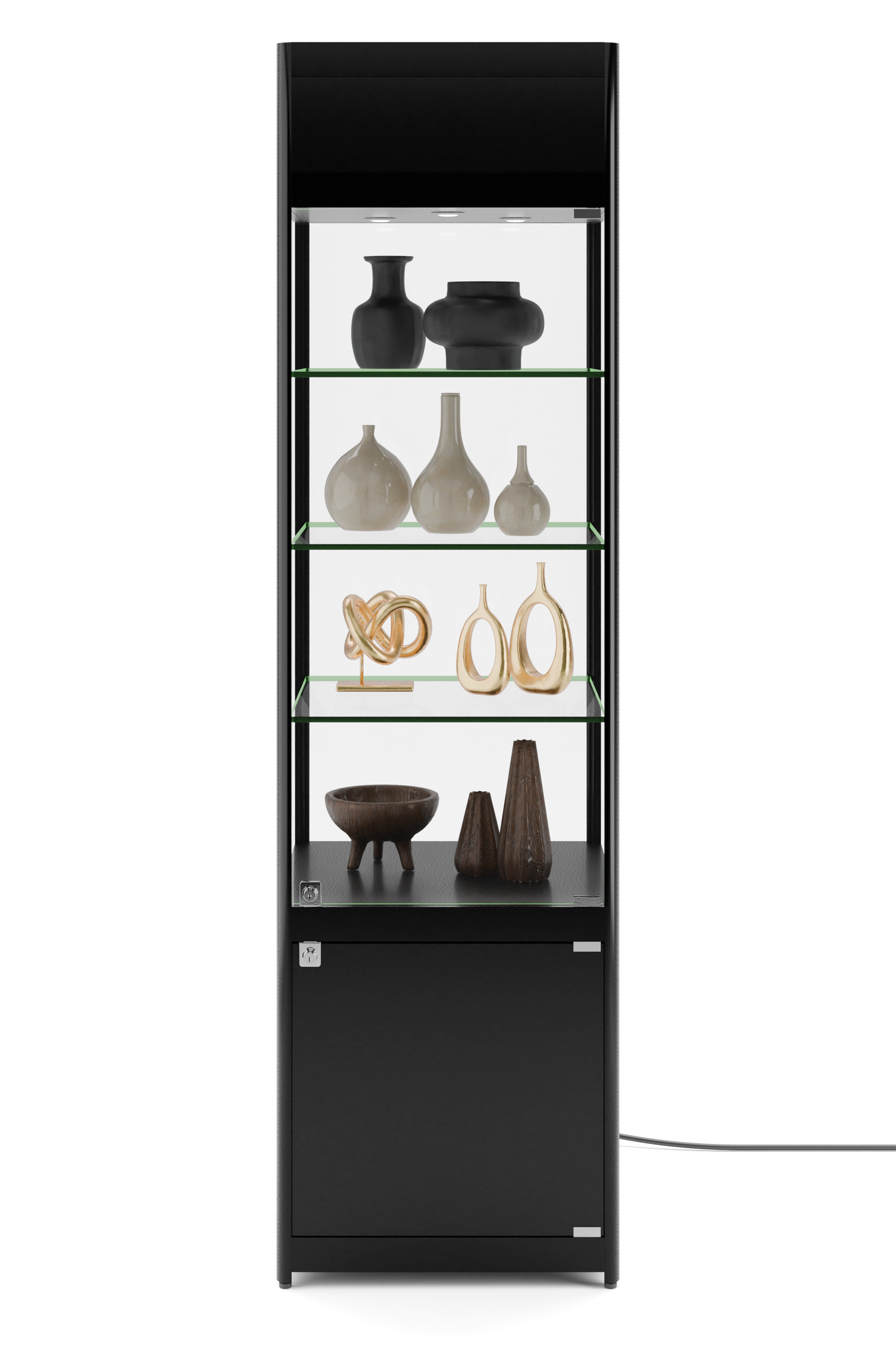 20" Display Case w/ LED Lights, Glass Shelves, Locking Hinged Door - Black - Image 4