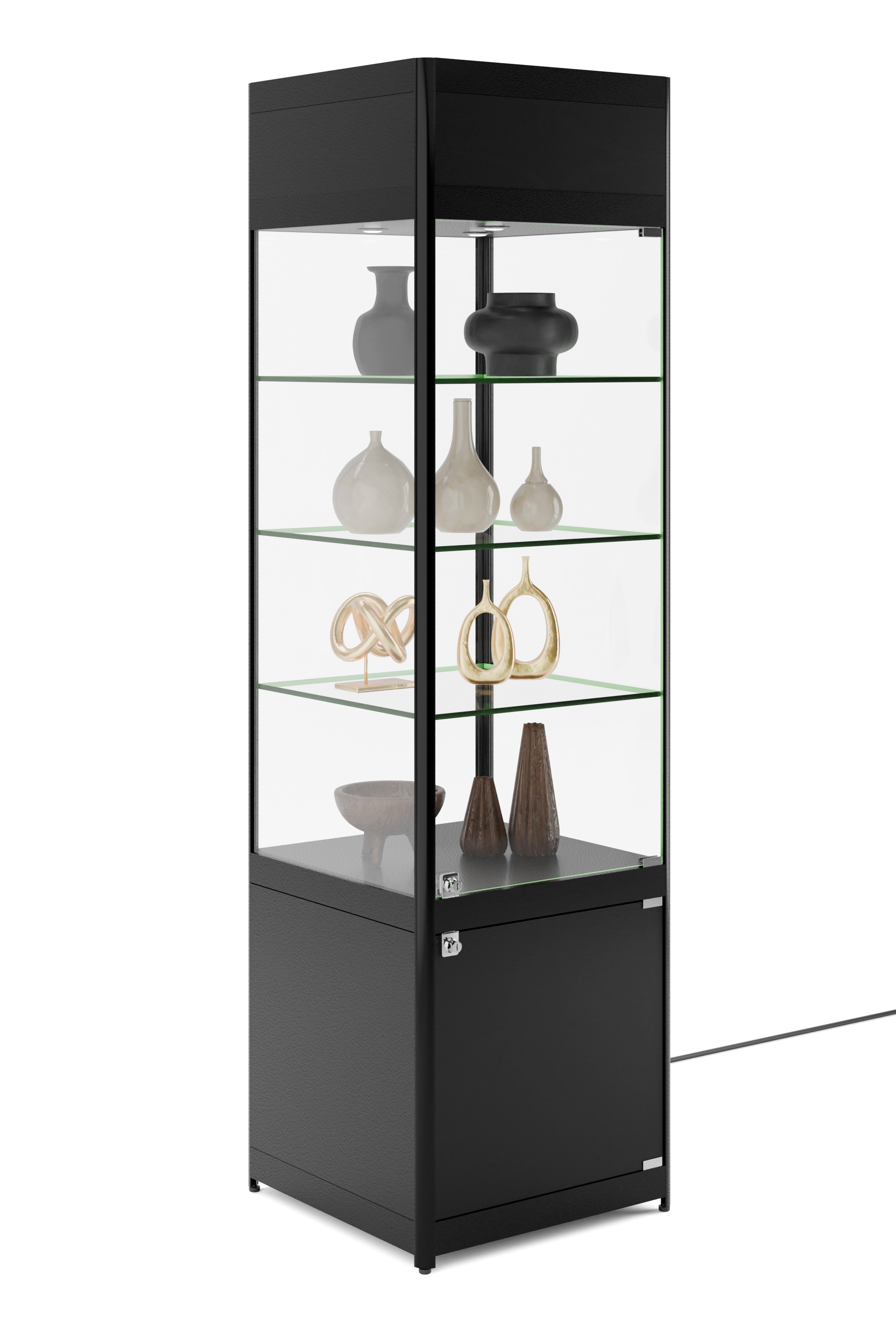 Displays2go Tempered Glass Display Cases with Lighting, Full Vision,  Locking, Painted MDF Base – Silver (GTEC48LEDS)