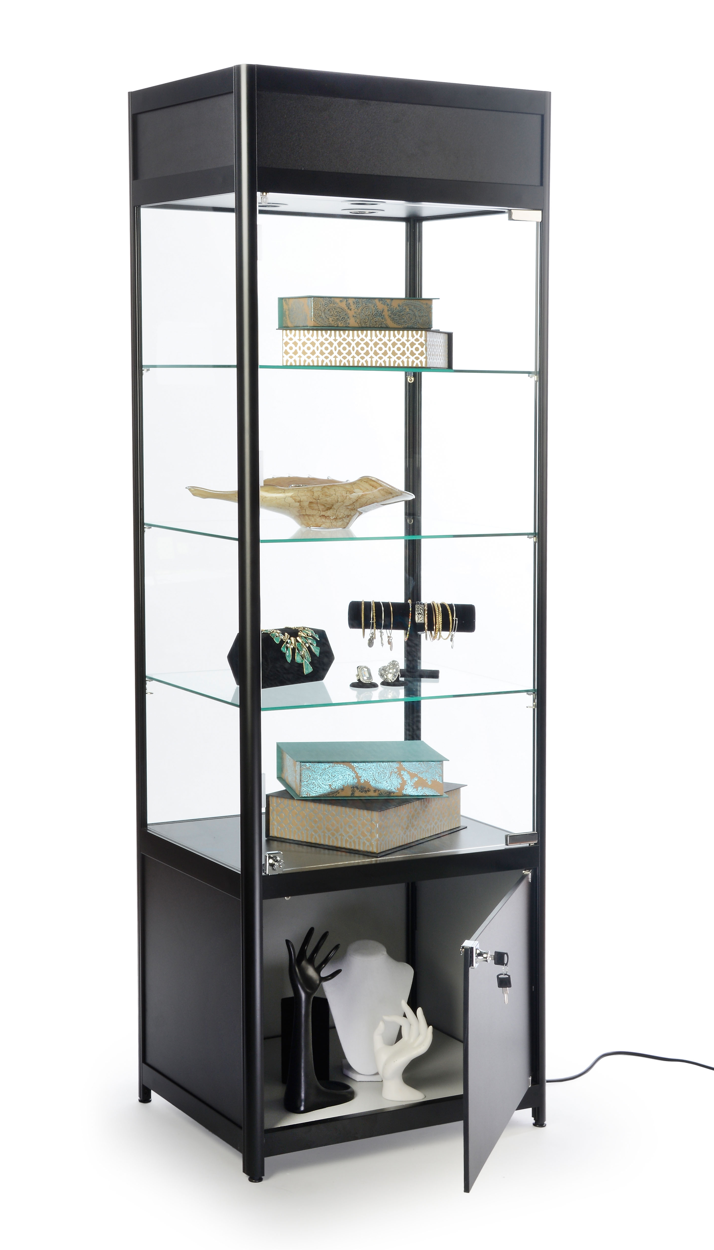 Knock Down Tower Display Case | 3 Top Lights & Base Storage | Displays2Go
