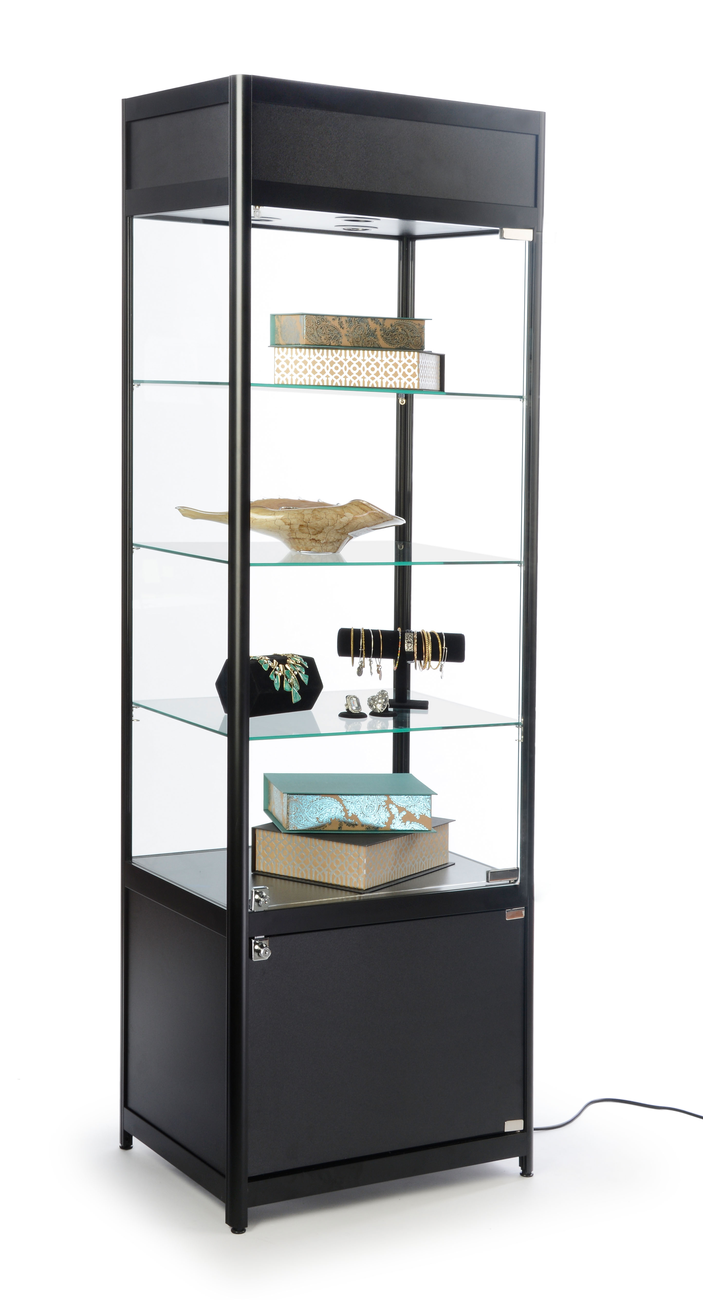 Tower Display Racks Knock Down Tower Display Case | 3 Top Lights & Base Storage | Displays2Go
