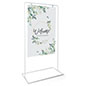 Minimalist white freestanding signage with top insert loading style