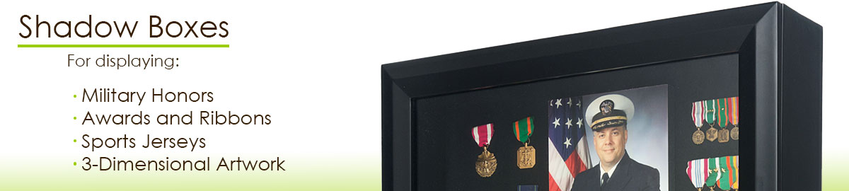 Shadow boxes display family mementos behind protective glass doors.