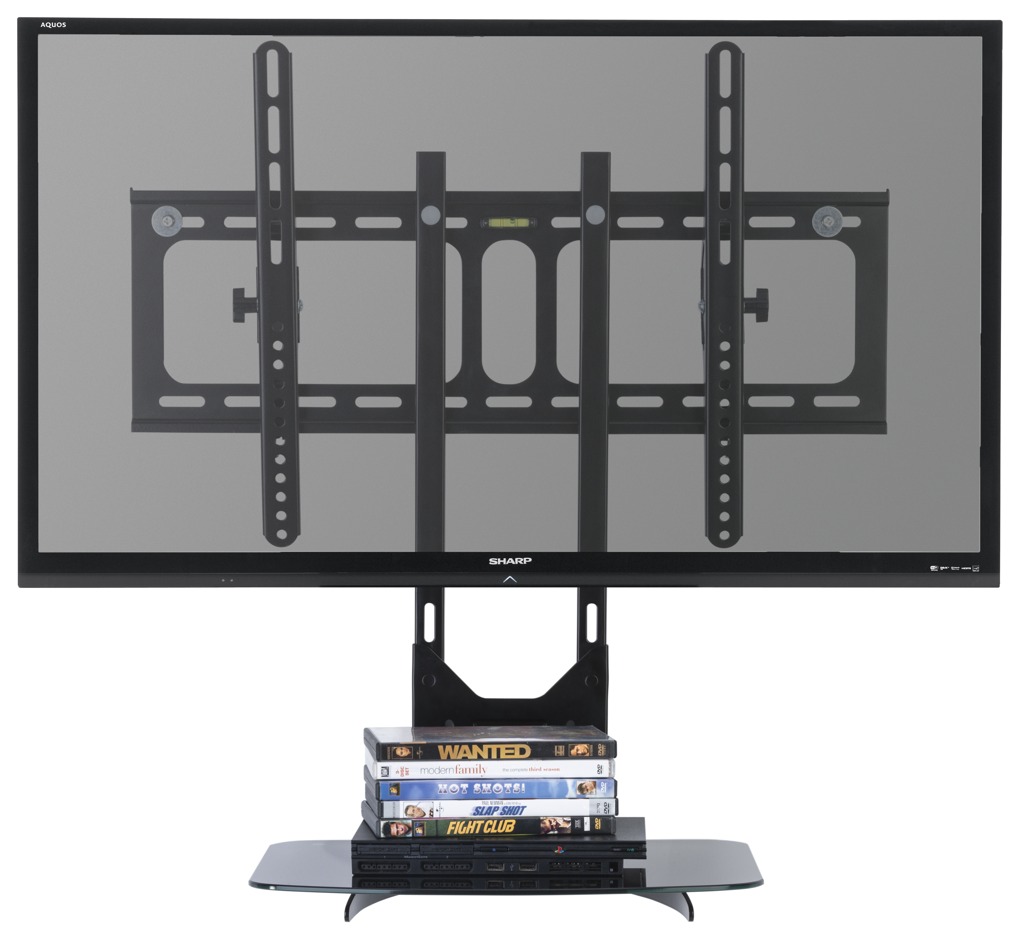 TV Wall Mount with Glass Shelf, Fits Monitors 32 to 55", Tilting Bracket - Black - Image 2