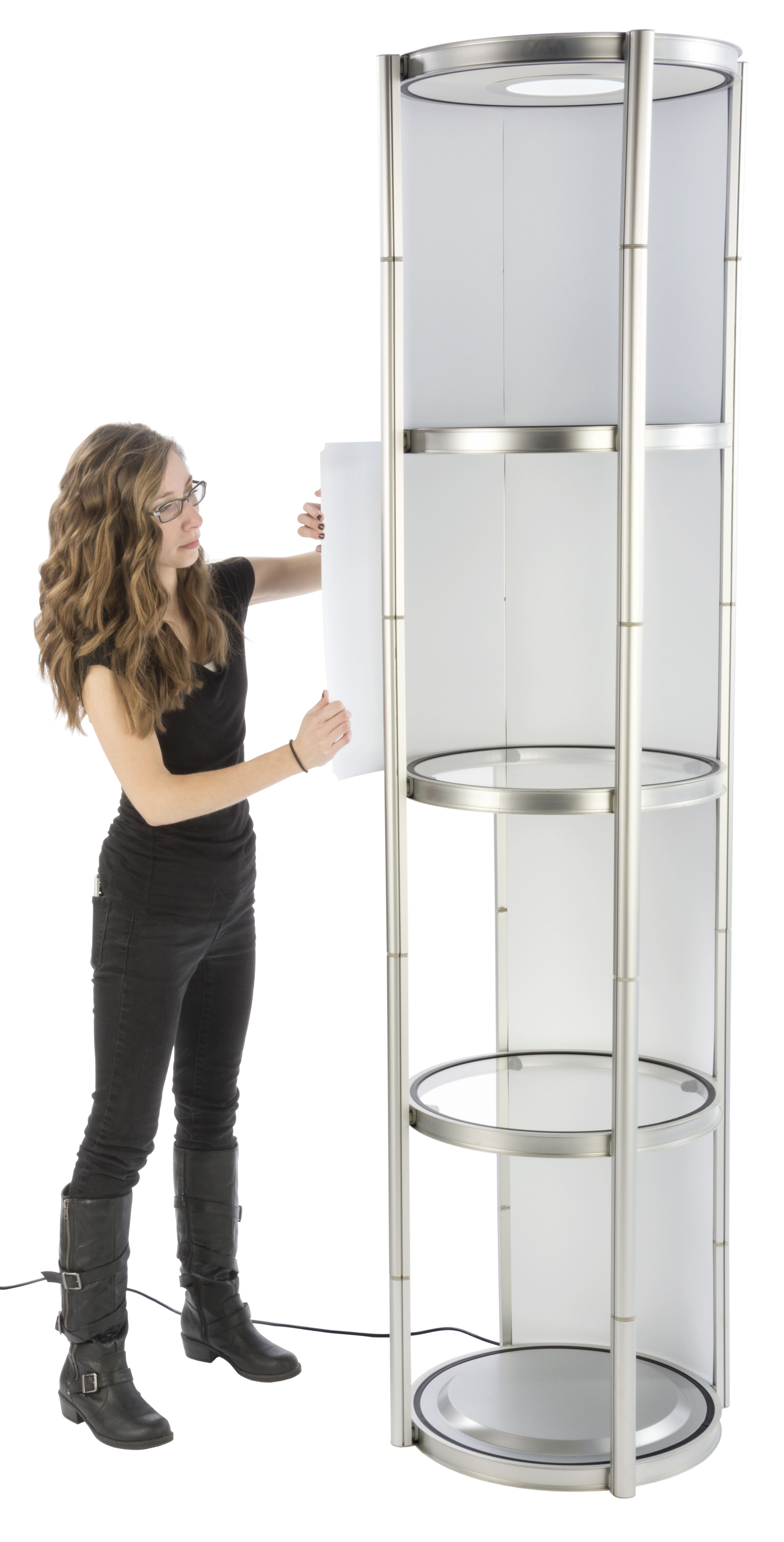 80.25" Portable Round Twist Tower w/Shelves, Top Light, White & Clear Panels - Silver - Image 9