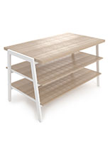 3 tier display table features wooden shelves with simulated oak grain finish