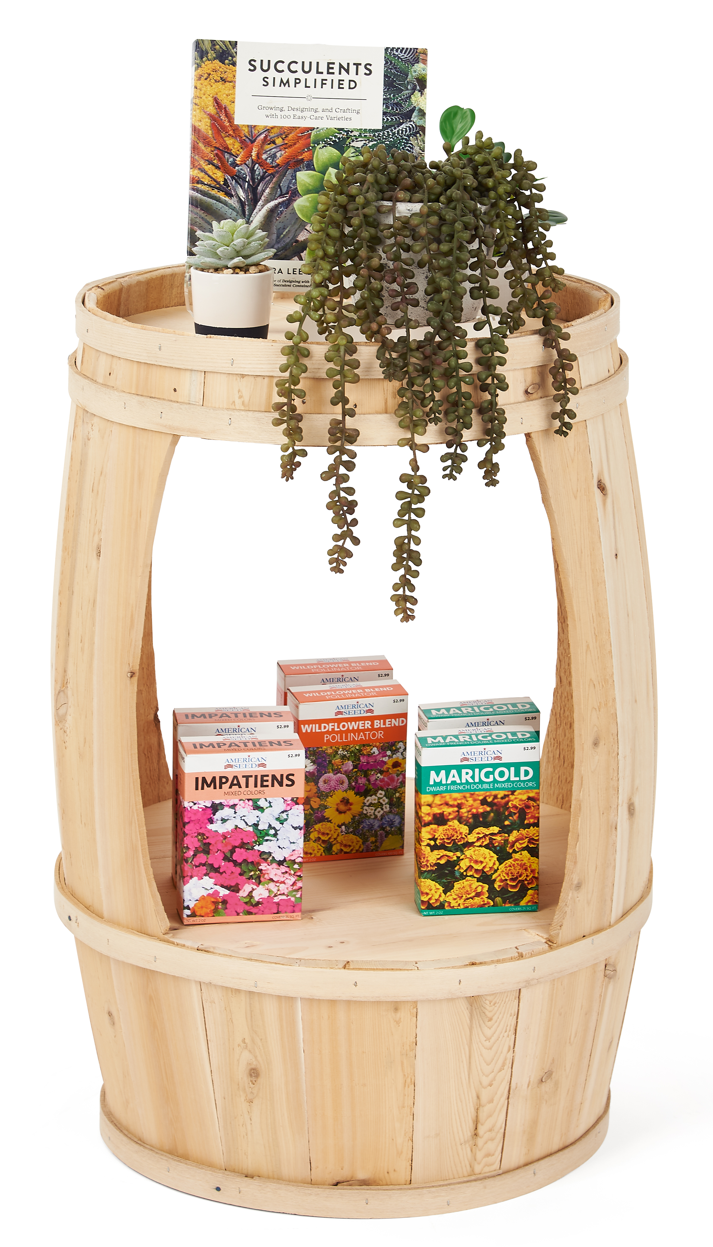 30 Inch Tall Wooden Barrel Dump Bin, Center Window – Natural or Brown - Image 3