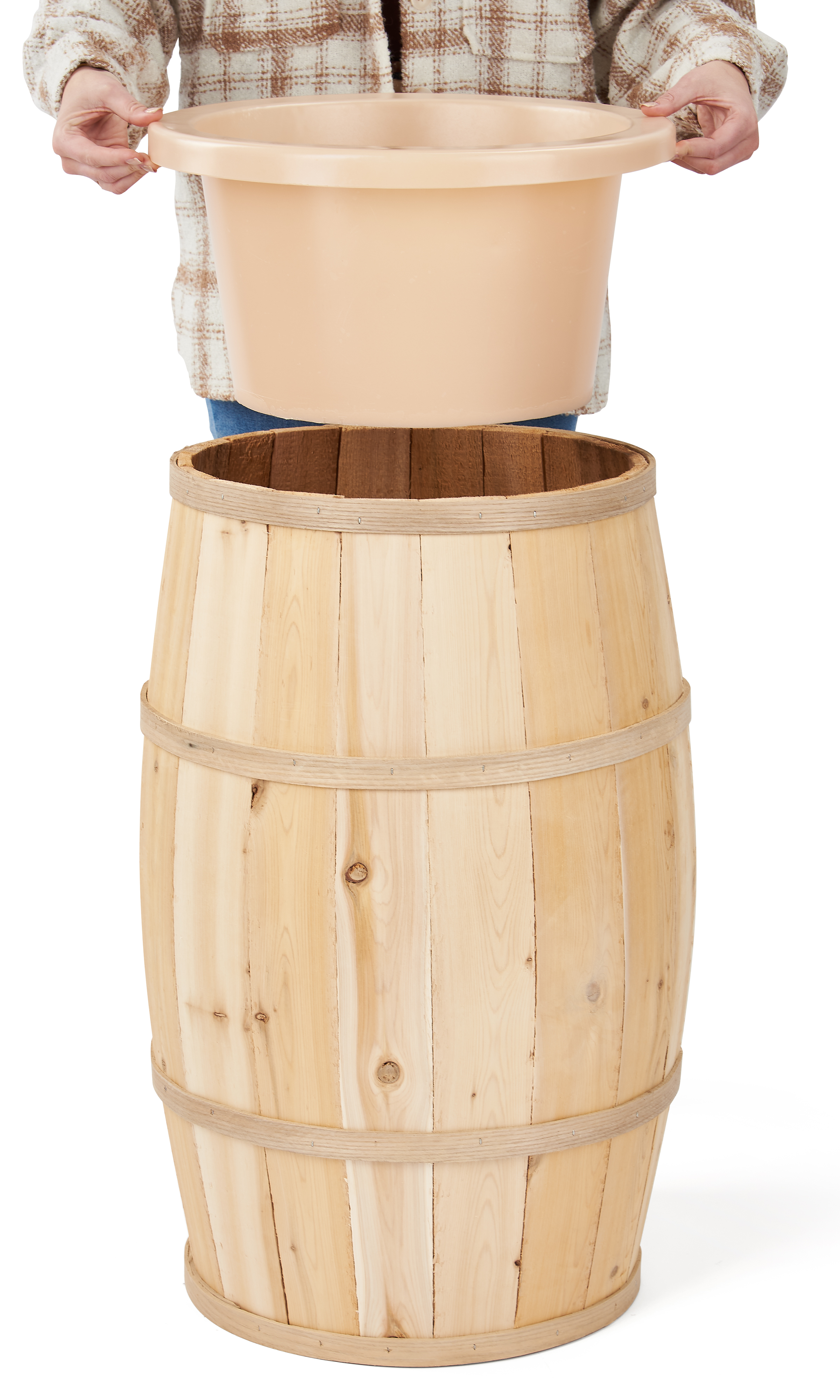 30 Inch Tall Wooden Barrel Dump Bin, Food Safe Removable Liner – Natural or Brown - Image 3