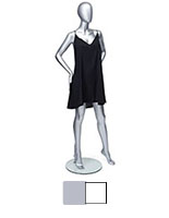 Standing female full-body mannequin with round transparent base