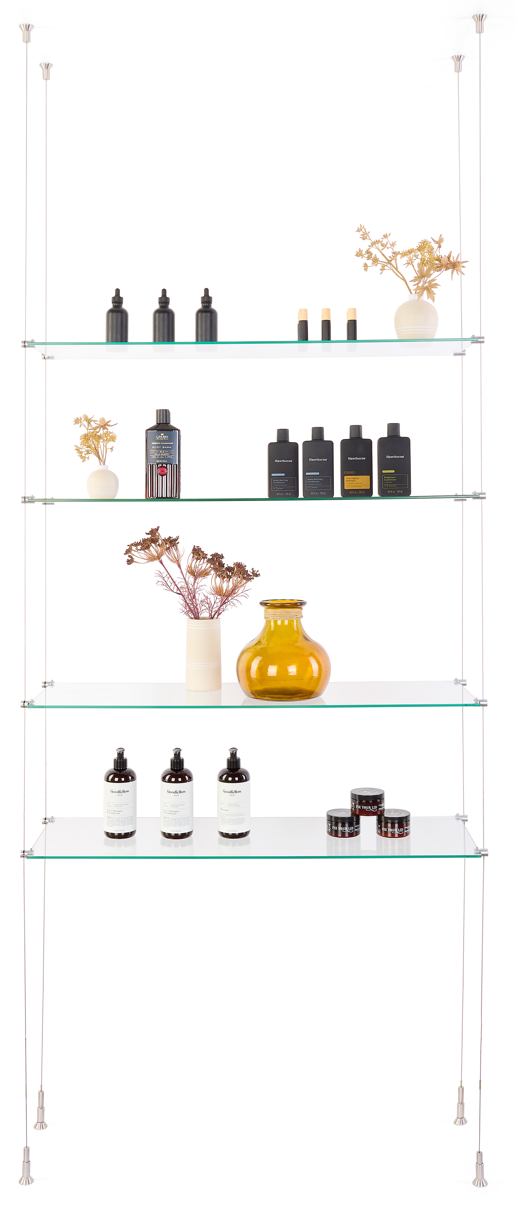 Tempered Glass Shelving with Suspended Cable System, Stainless Mounts - 2 Shelf Sizes - Image 3