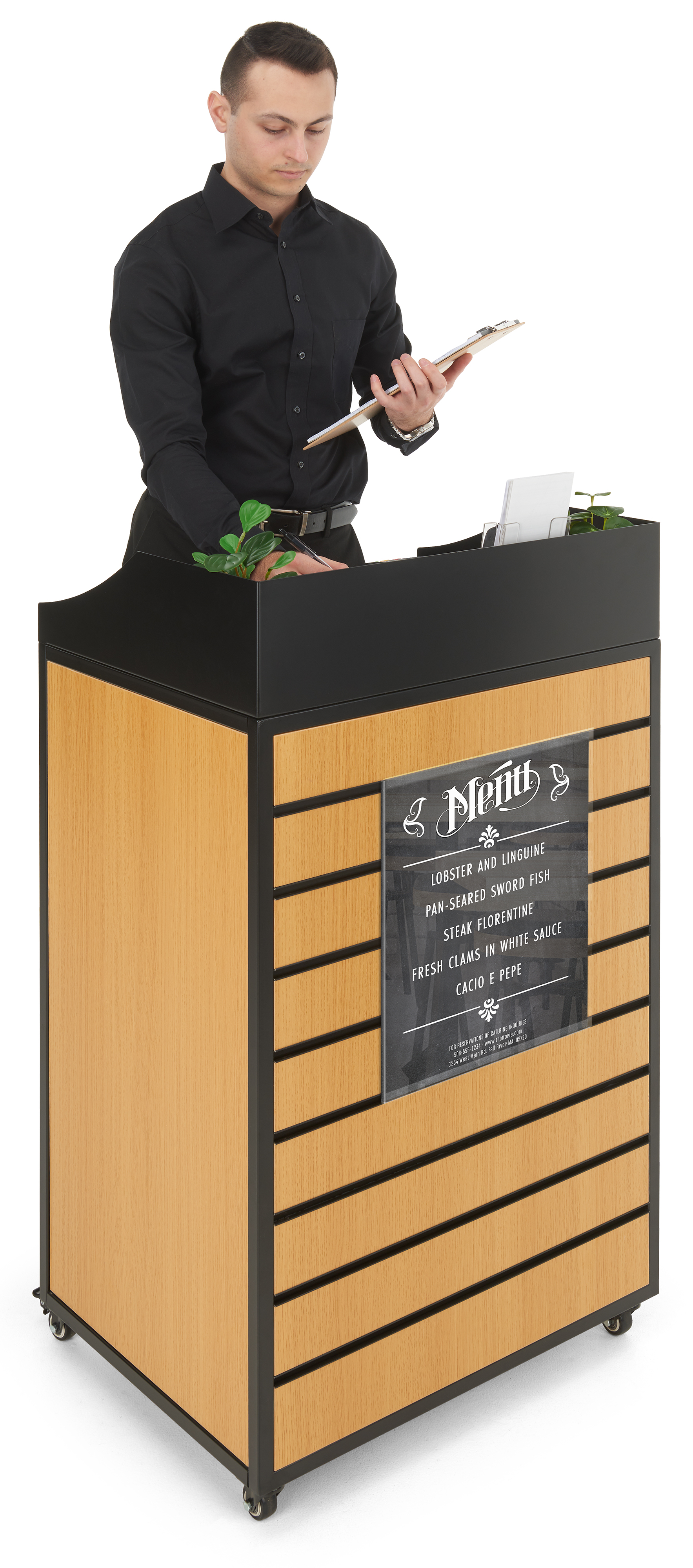 Hostess Station with Slatwall Front, Adjustable Shelf, Locking Wheels - Natural - Image 7