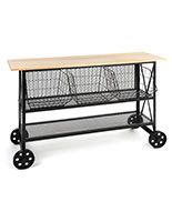 Industrial wood and mesh display console with mobile design