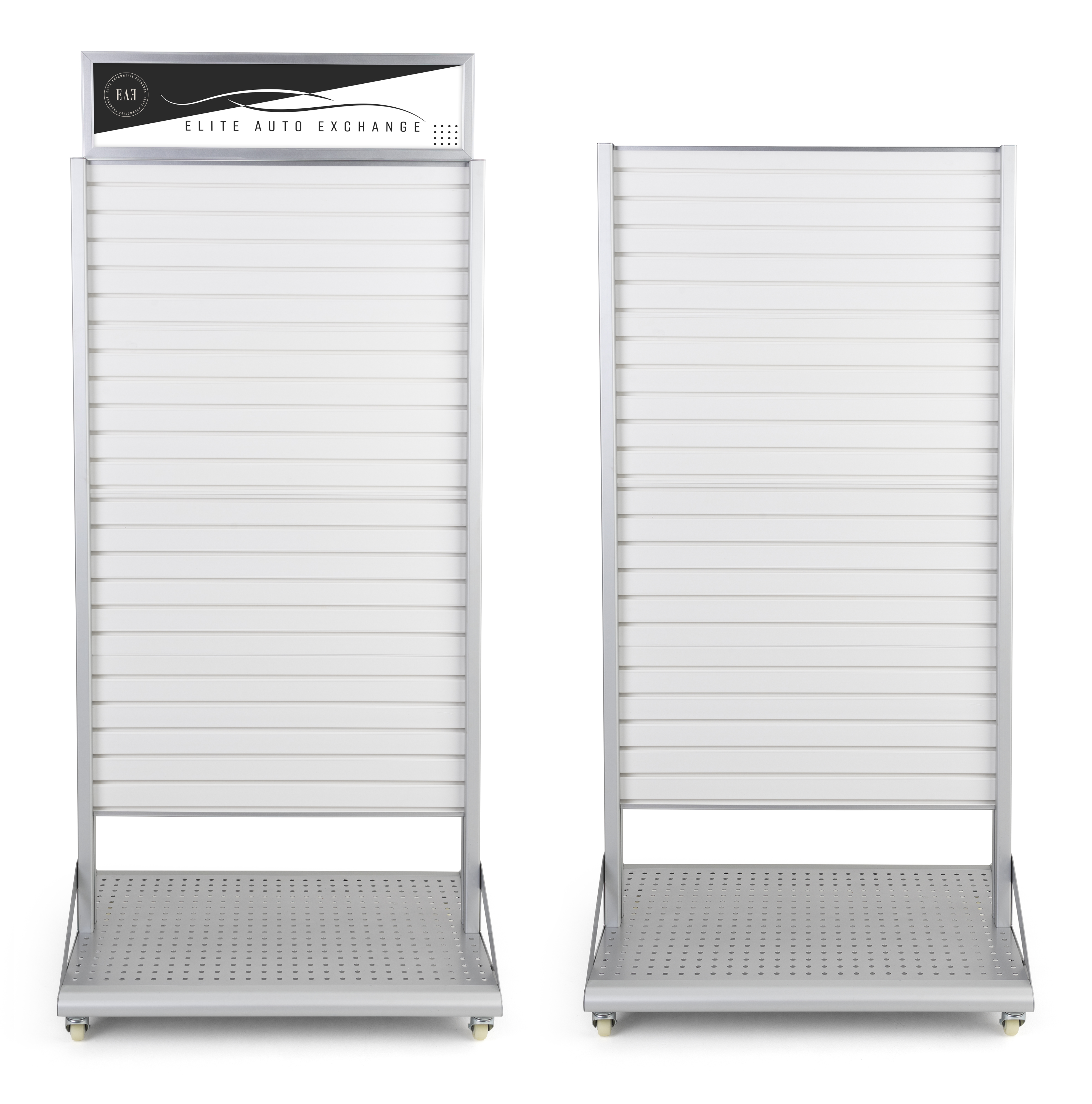32.5" W x 79" H Mobile Slatwall Display w/ Double-Sided Design and Sign Frame - White - Image 2