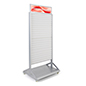 Rolling slatwall stand with sign holder and modern design