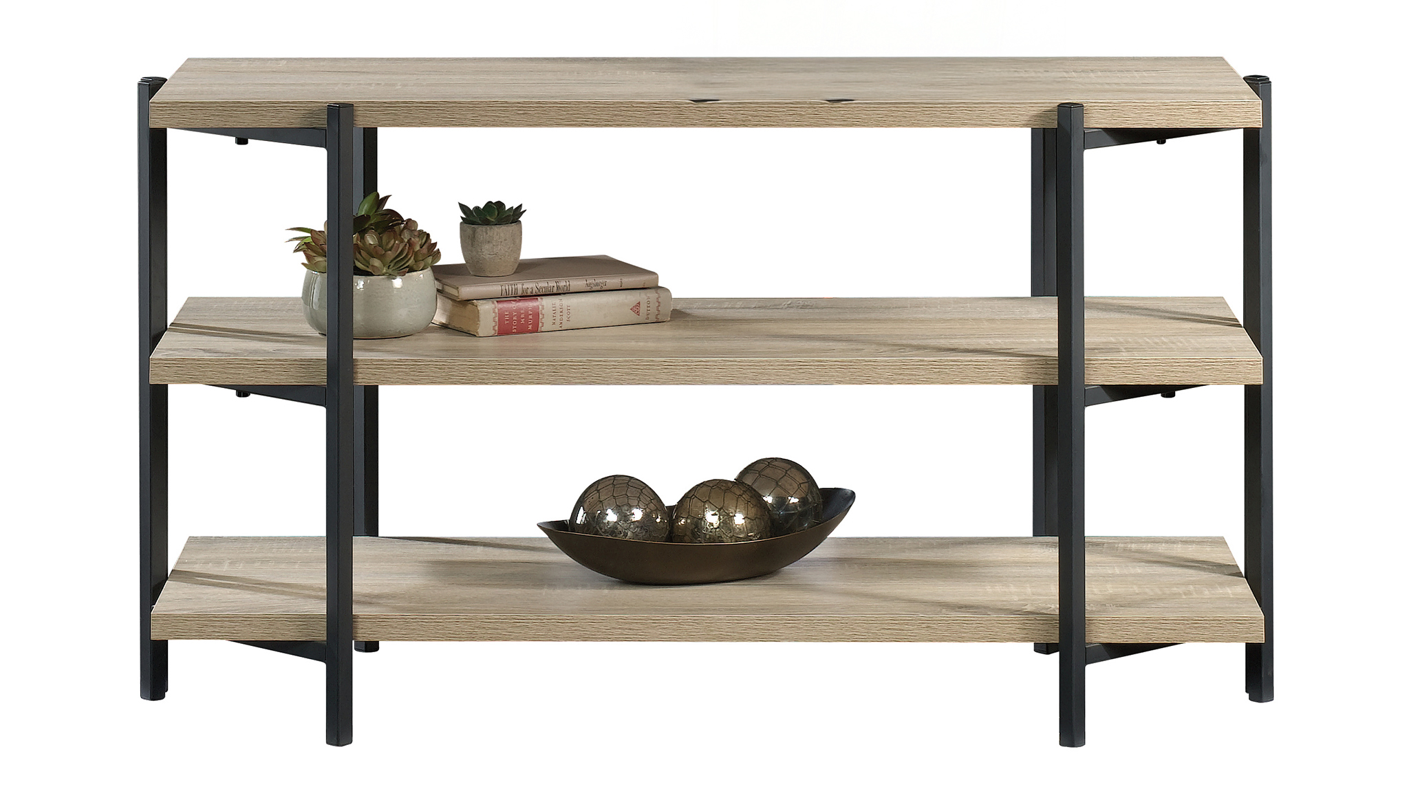 Wood and Metal Display Table with 3-Tier Design, Open Storage - Oak - Image 3