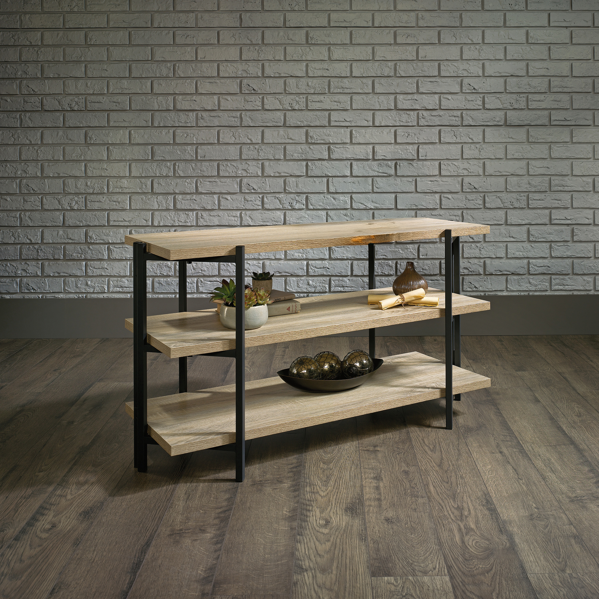 Wood and Metal Display Table with 3-Tier Design, Open Storage - Oak - Image 7
