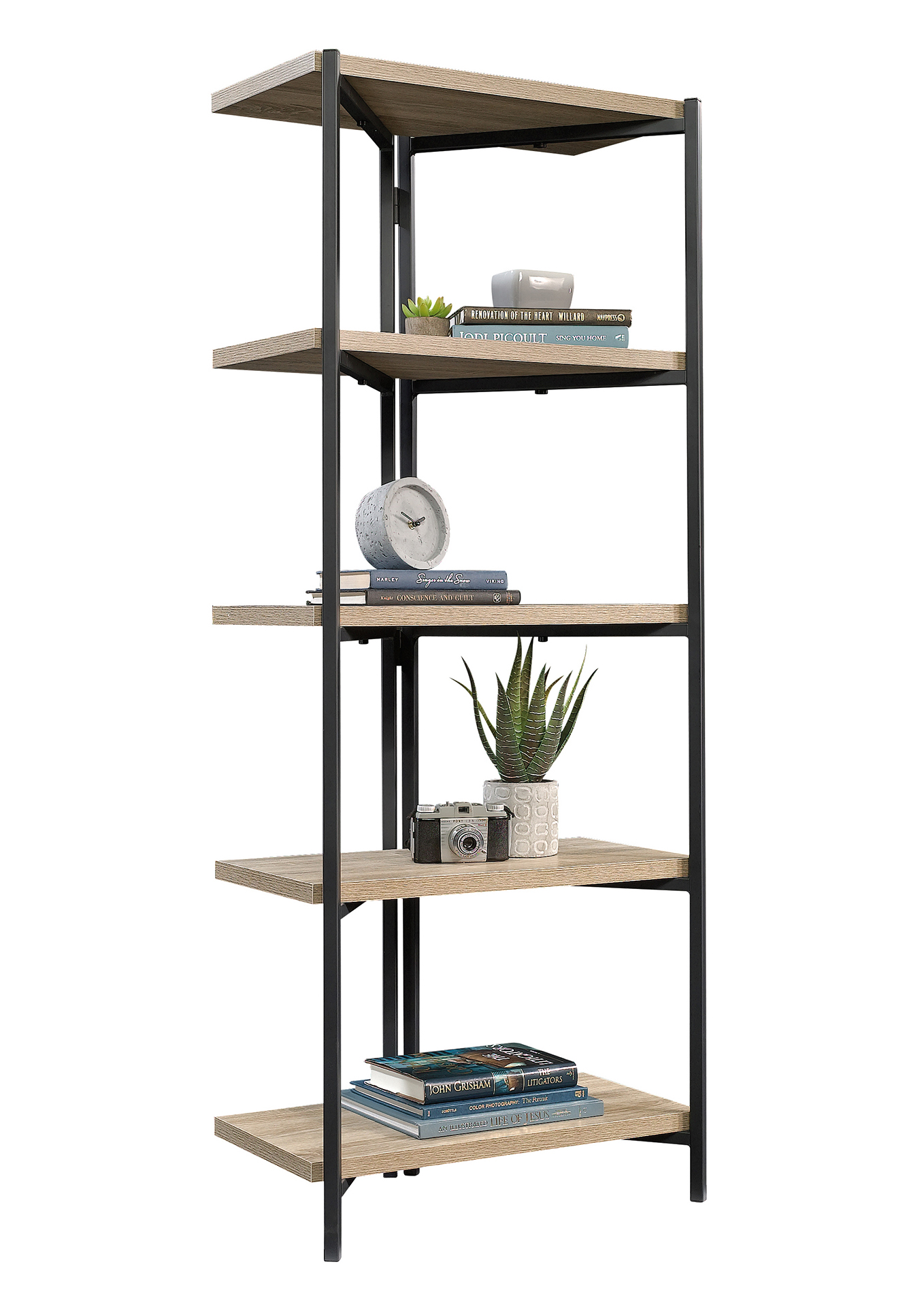Wood and Metal Shelving Unit with 5-Tier Design, Closed Back - Oak - Image 2