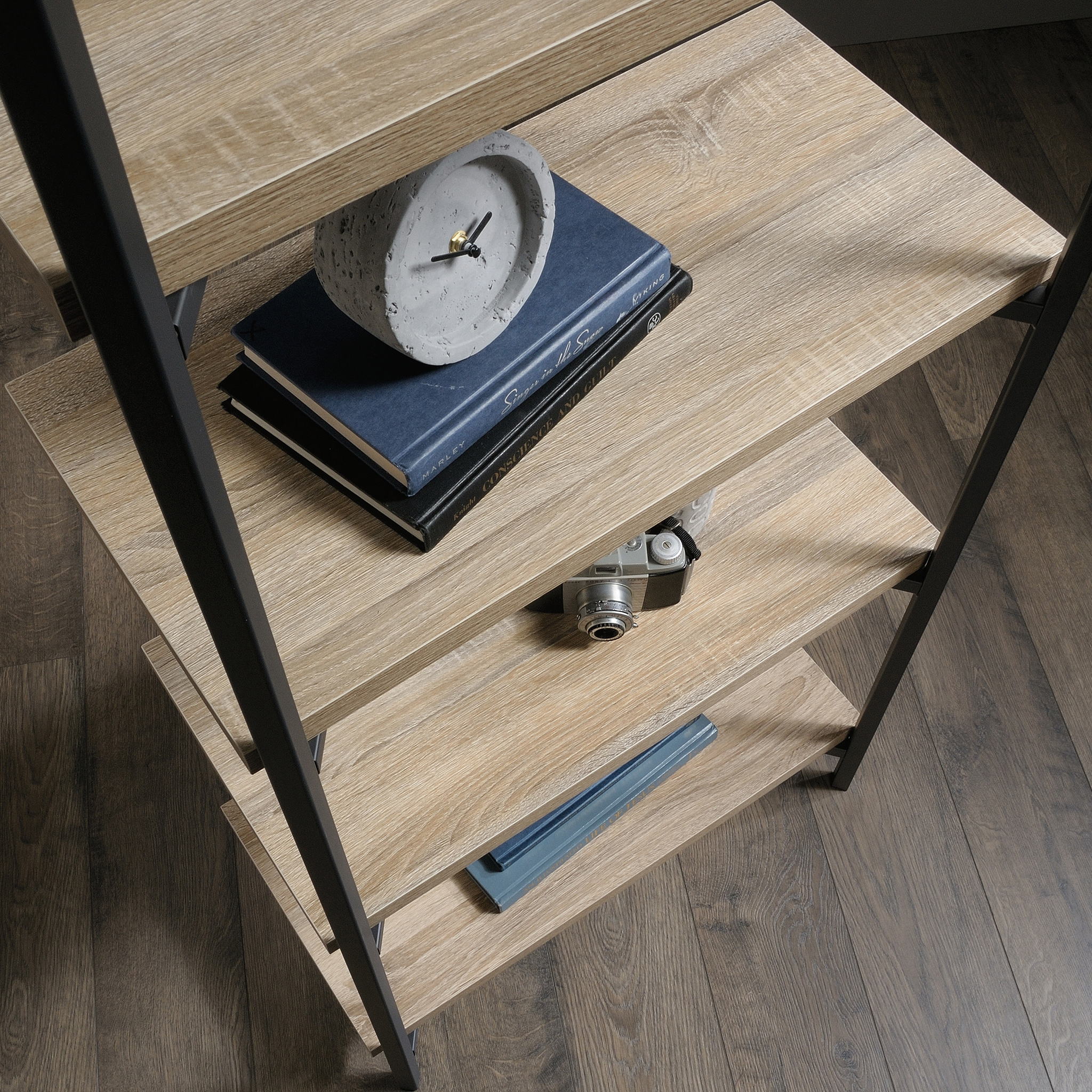 Wood and Metal Shelving Unit with 5-Tier Design, Closed Back - Oak - Image 3
