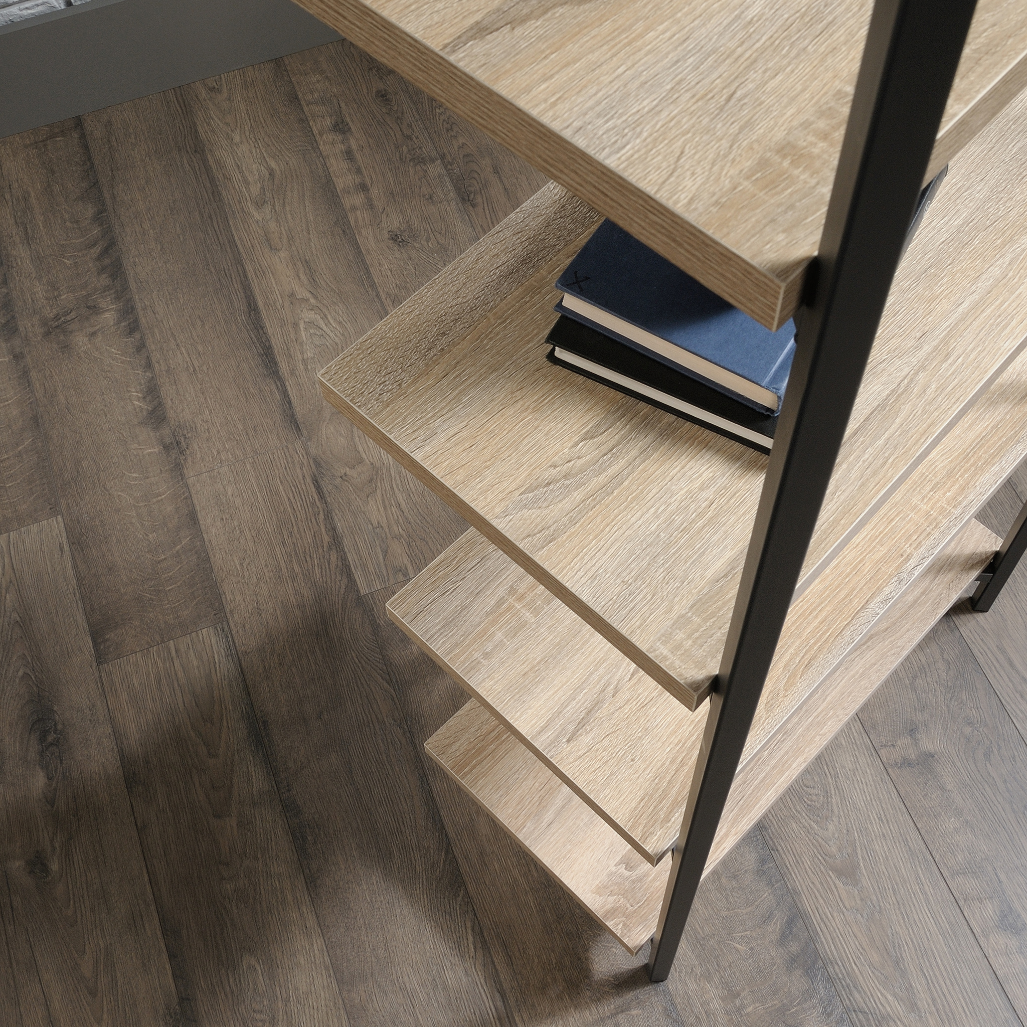 Wood and Metal Shelving Unit with 5-Tier Design, Closed Back - Oak - Image 5