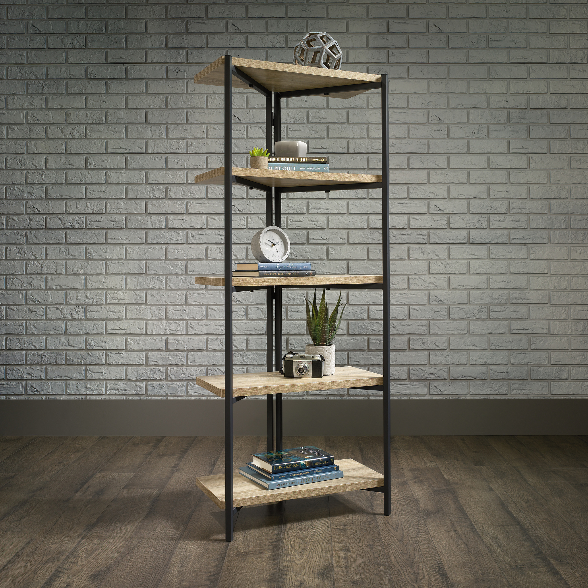 Wood and Metal Shelving Unit with 5-Tier Design, Closed Back - Oak - Image 7