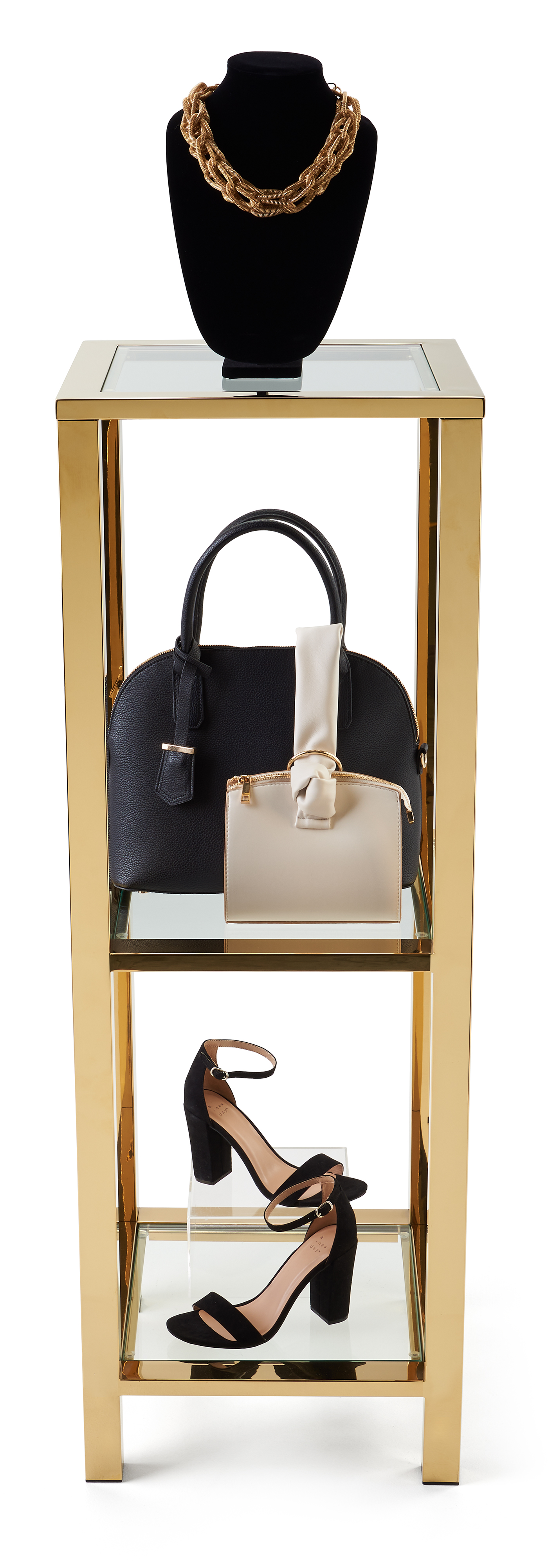 16" W x 46" H Tiered Retail Display, Stainless Steel and Tempered Glass - Gold - Image 4