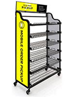 Mobile order pickup stand includes 6 height adjustable shelves