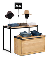 Retail display nesting tables with slatted pine wood