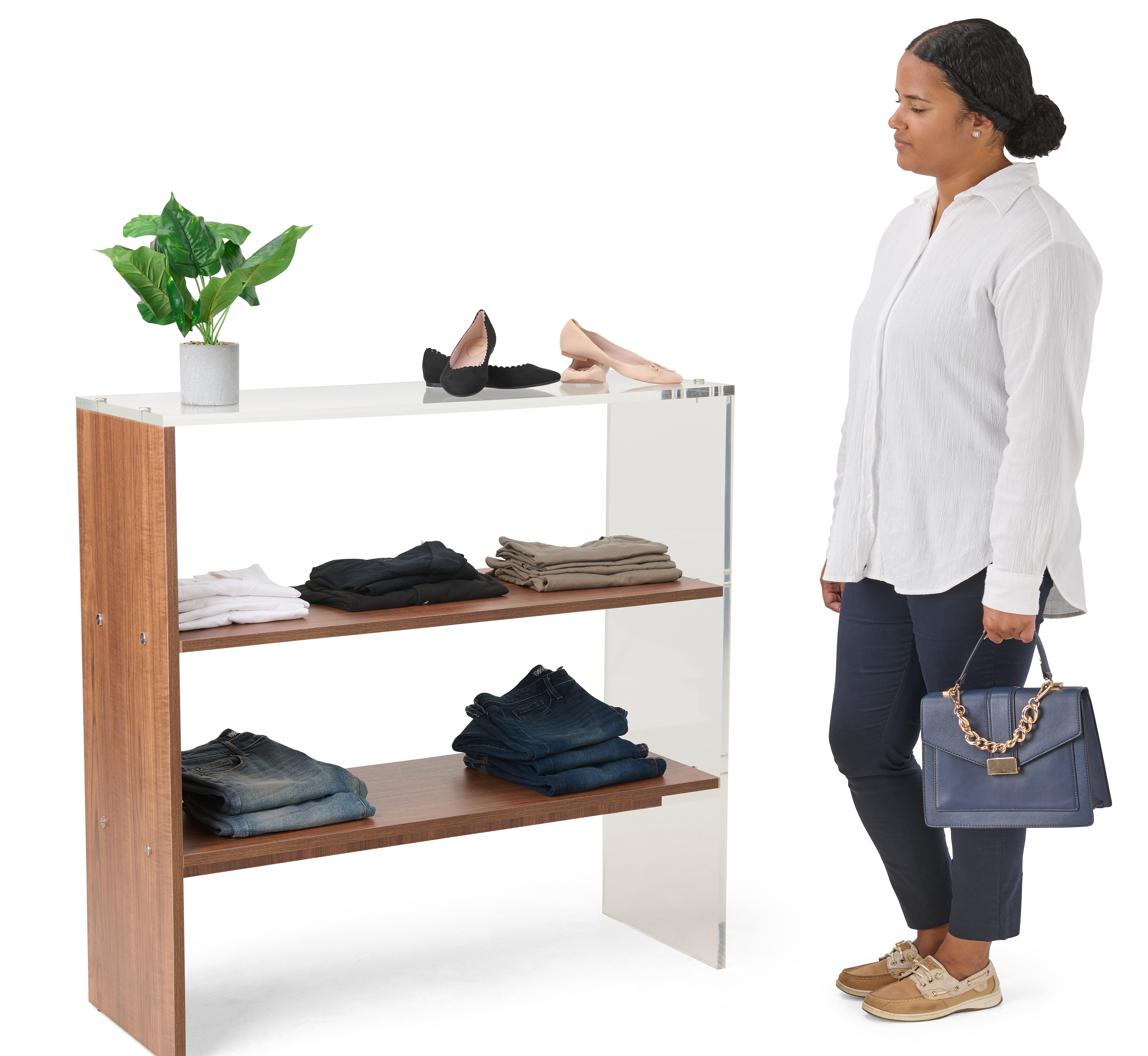 36"h Shelving Display w/ 3 Tiers, Recycled Acrylic, Eco-Friendly - Walnut - Image 3